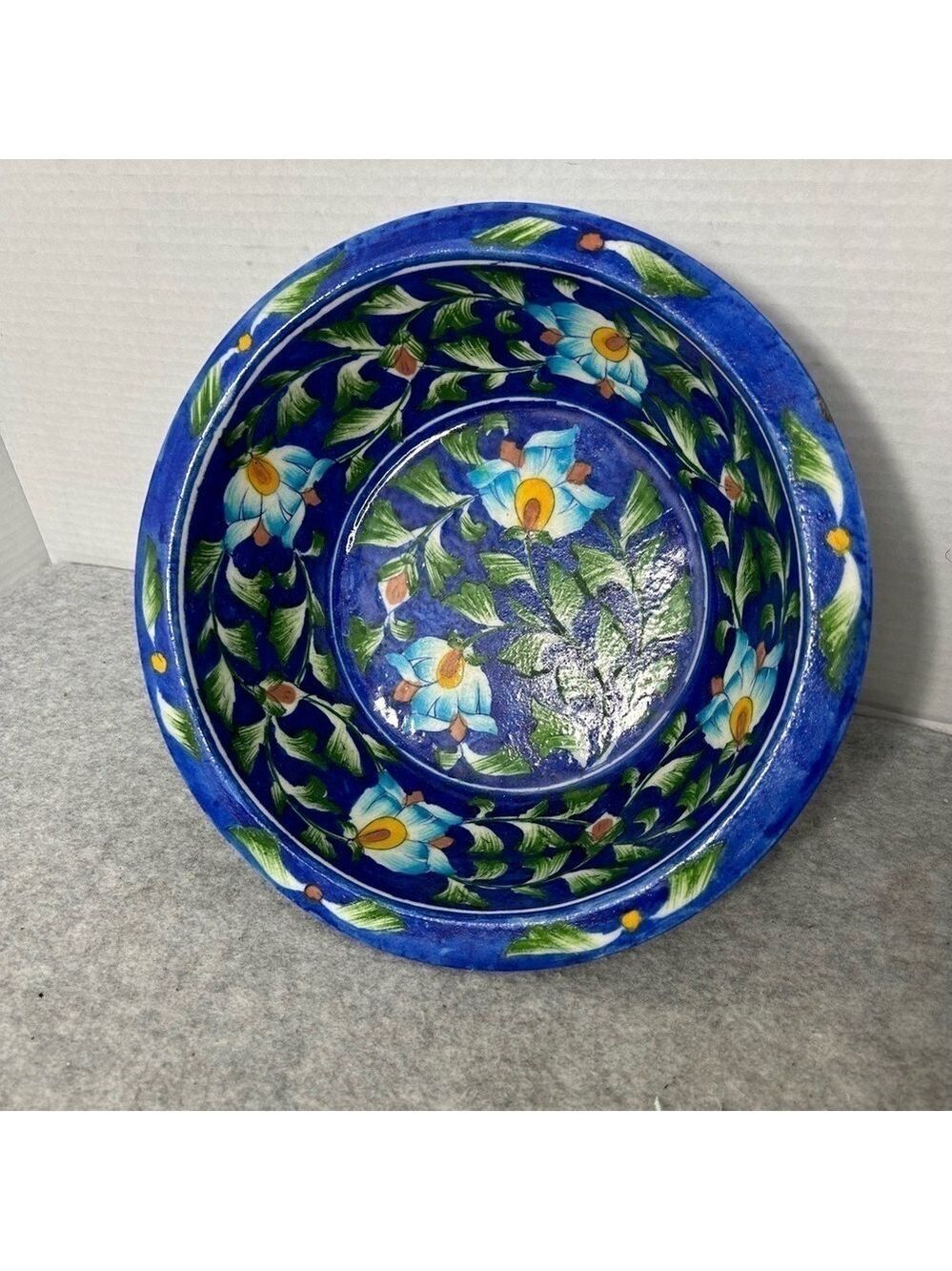 Handpainted Pottery Bowl Ceramic Floral Blue Green 10x3.5”